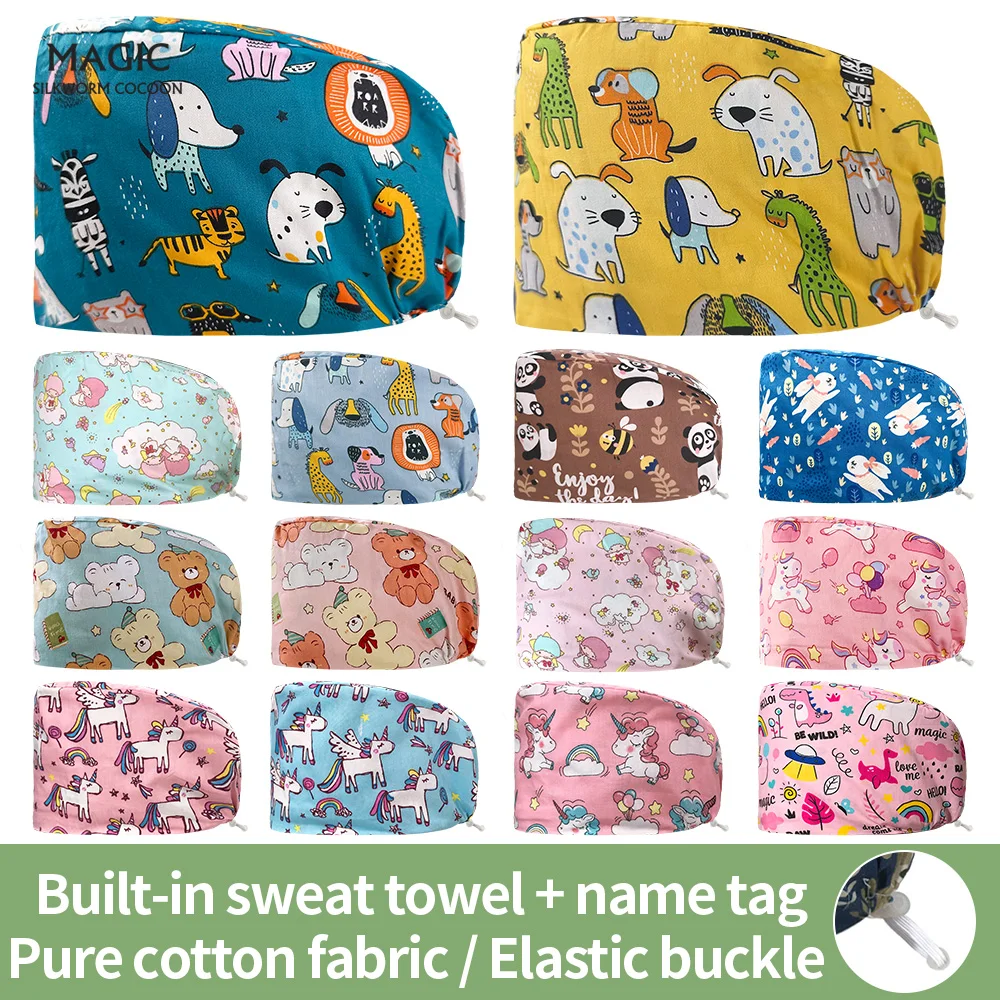 

Animal Printing Women's Caps Cotton Sweat Absorbent Dentist Scrub Hats Adjustable Elastic Model Pet Grooming Care Nurse Work Cap