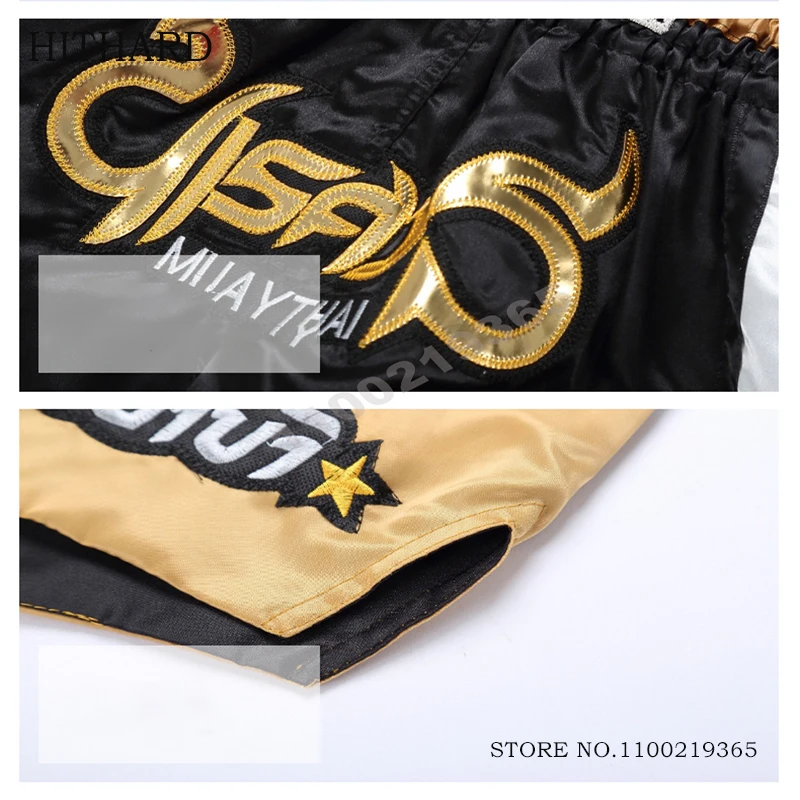 Boxing Shorts Men Women Child Satin Muay Thai Shorts Kickboxing Pants Embroidery Breathable Fighting Thaiboxing Grappling Trunks