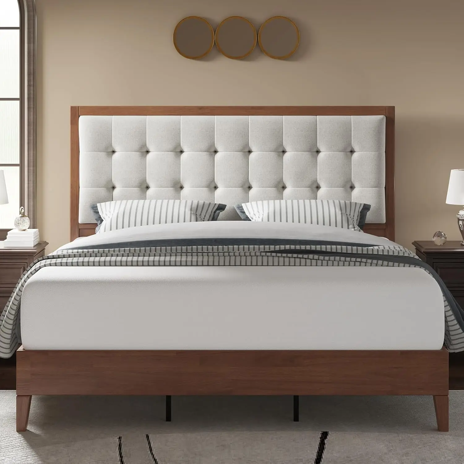 NEW Wood Platform Bed Frame Queen Size Upholstered Tufted Headboard/Solid Wood Be No Box Spring Needed,Walnut 3