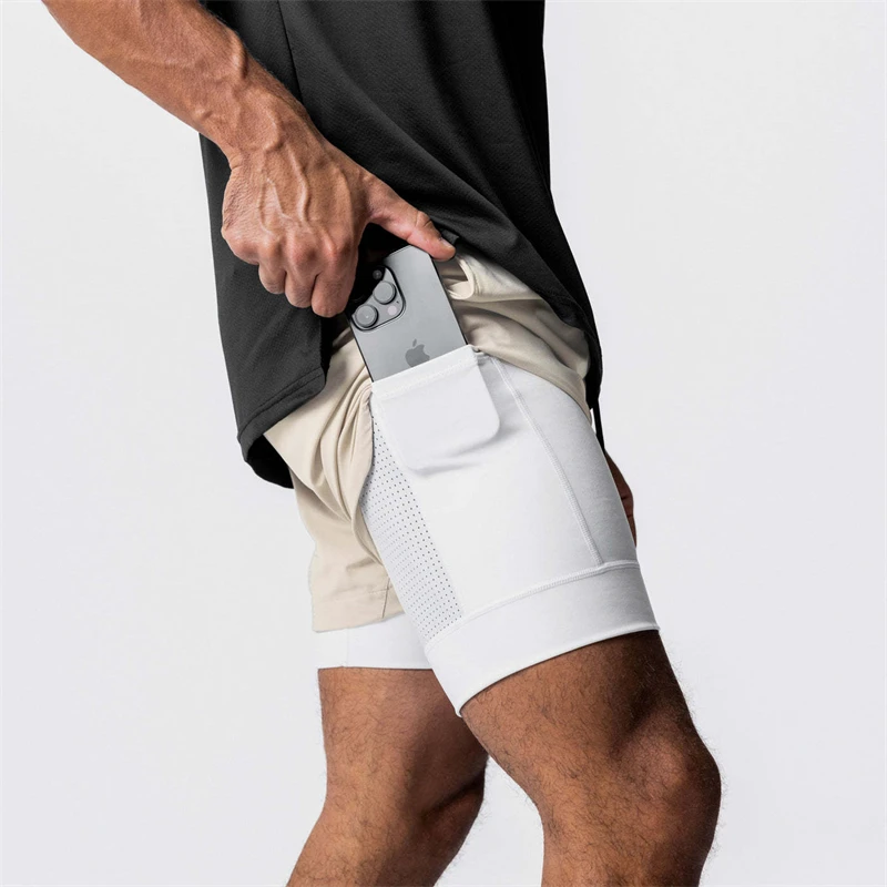 2023 High quality summer new sports double layered 2-in-1 men's shorts with built-in pockets and multifunctional exercise capris