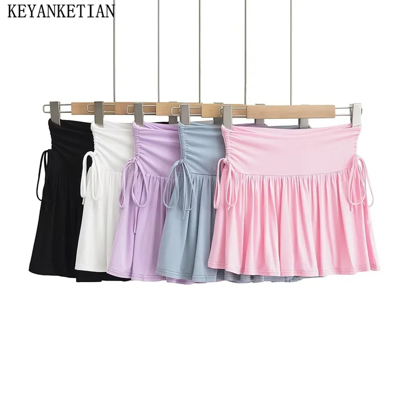 

KEYANKETIAN 2024 New Launch Bow Lace Up Decoration Sweet Skirt Y2K Spicy Girl Women's Patchwork High-Waisted A-Line Mini Skirt