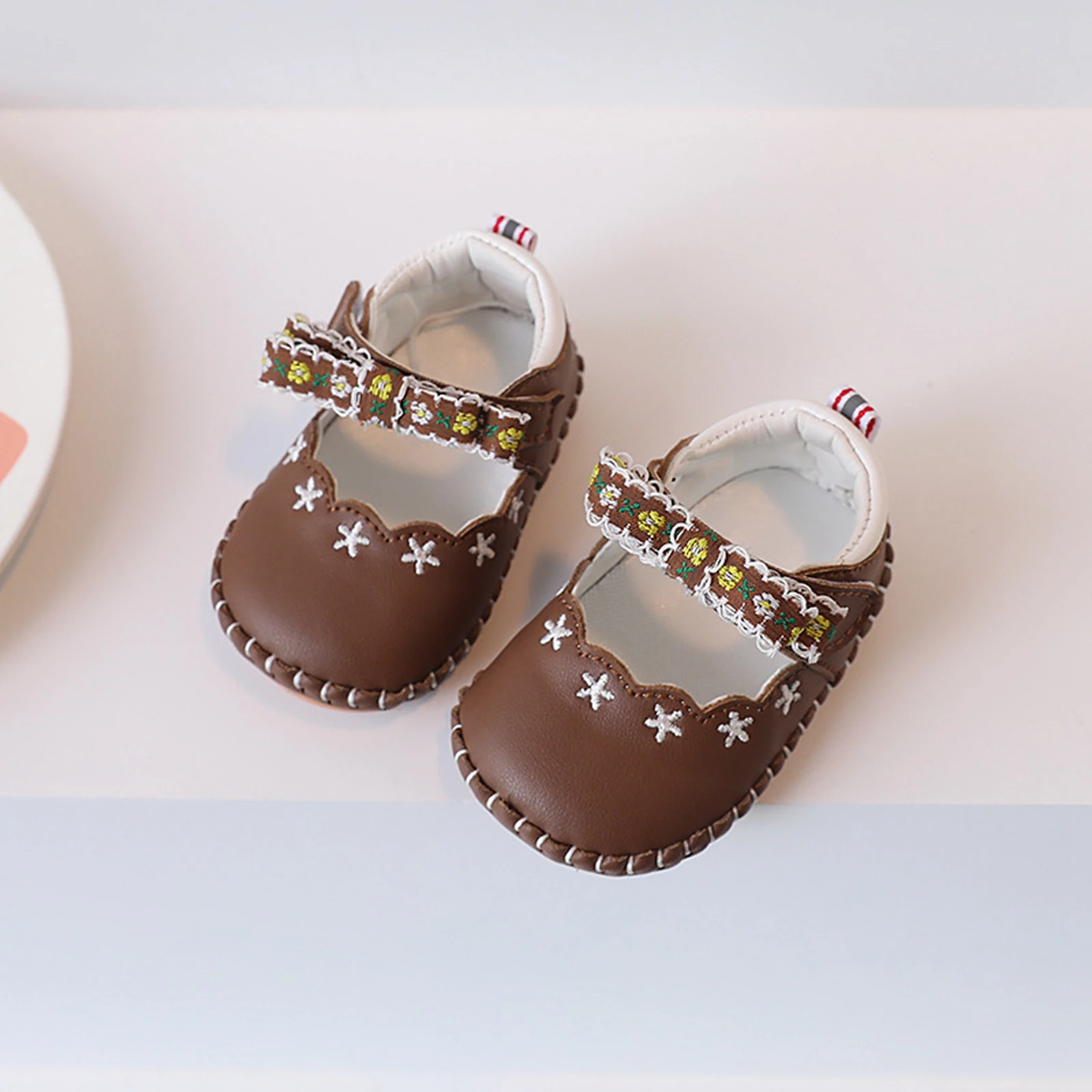 Princess PU Baby Shoes Girl Mary Jane Flats Bow Flower Embroidery Soft Sole Rubber Anti-slip Toddler Shoes Newborn Crib