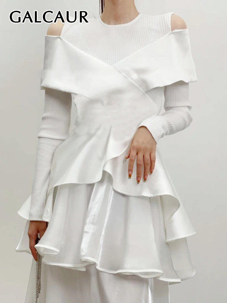 

GALCAUR Solid Slim T Shirts For Women Round Neck Long Sleeve Off Shoulder Spliced Ruffles Irregular Temperament T Shirt Female