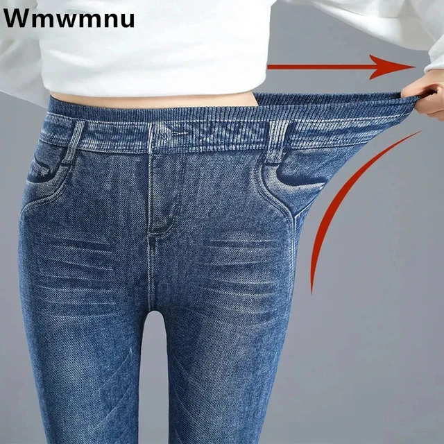 Women Jeggings Faux Denim Jeans Leggings High Waisted Tummy Control Slim  Leggins Printed Pencil Pants Seamless Skinny Trousers