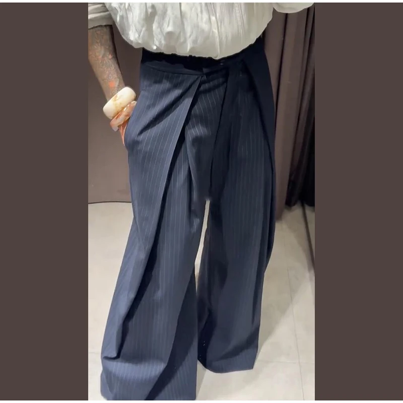 Übergroße Nadelstreifen-Hose mit weitem Bein für Damen, Vintage-Stil, hohe Taille, Wickelfront, maßgeschneiderte Baggy-Hose, 2022, neue lässige, schicke Streetwear – Detail 17
