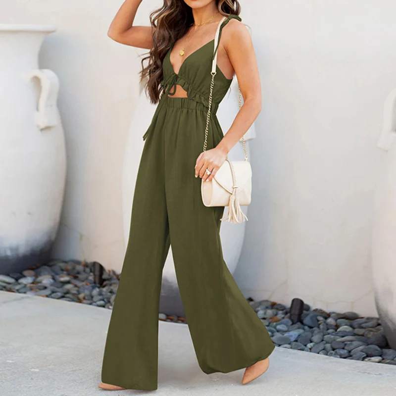 Sexy Vest Long Pant Jumpsuit Backless Lace Up Cropped Top Hollow Out Sling Women Wide Leg Trousers Romper Ladies Summer Jumpsuit sexy women slim jumpsuits ladies new fashion blue off shoulder backless v neck sling jumpsuit elegant pocket pencil pants romper