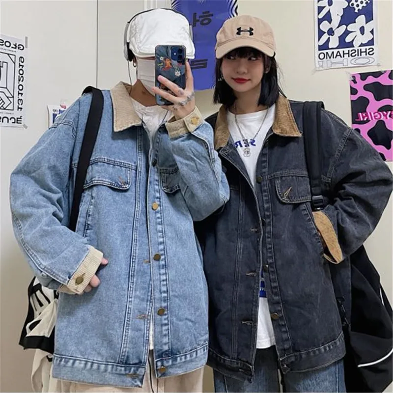 

Spring Autumn Denim Jacket for Women Korean Simple Corduroy Collar Loose Jean Coats 2023 New Trendy Long Sleeve Outwear Tops