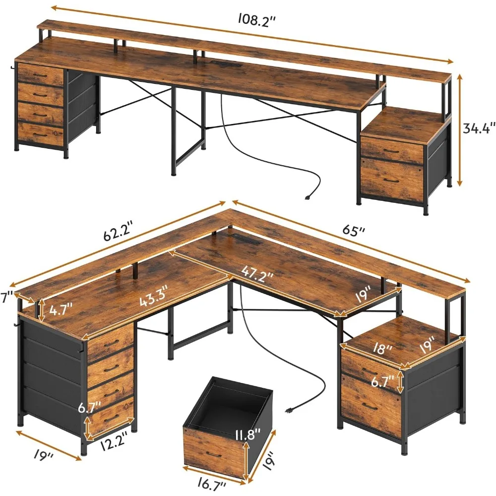 L Shaped Desk with 6 Drawer, 108" Home Office Desk, Corner Computer Desk with Monitor Shelf, Two Person Desk, Gaming Desk 5