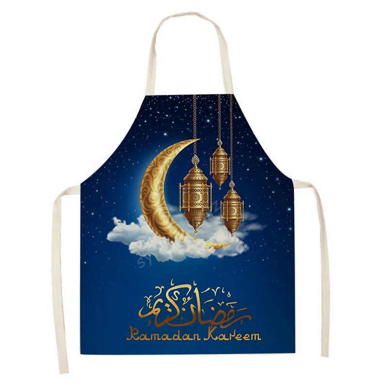 Muslim Eid Mubarak Printed Kitchen Apron Women's Ramadan Home Cooking Baking Star and Crescent Pattern Linen Bib Decoration