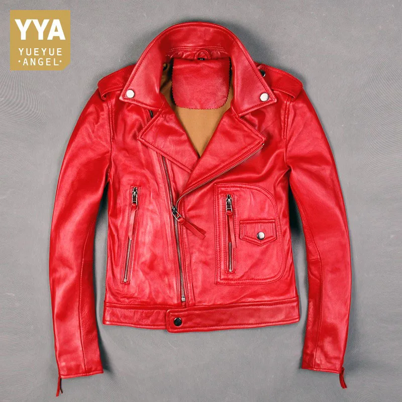 

Брендовая женская куртка из натуральной кожи с лацканами, высококачественное приталенное пальто из овечьей кожи с длинным рукавом, модная красная короткая мотоциклетная верхняя одежда