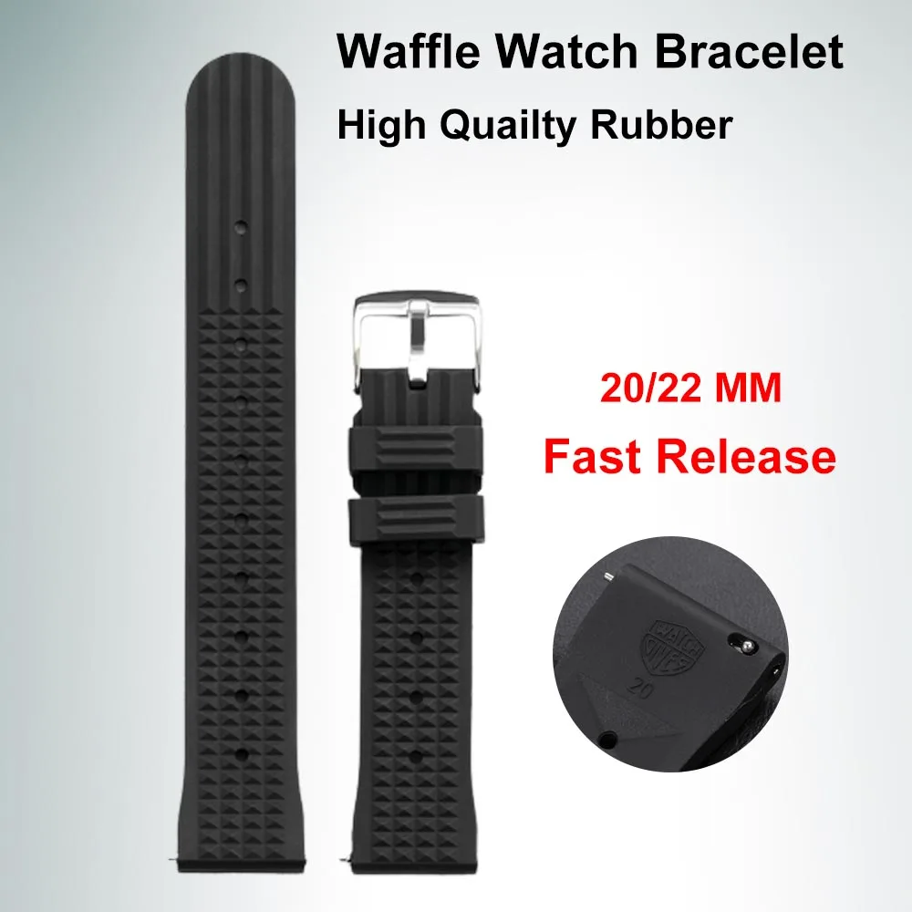 

20mm/22mm Rubber Waterproof Waffle Watch Bracelet Black Diving Sport WristWatches Watch Strap Soft Silicone Watchband Replacment