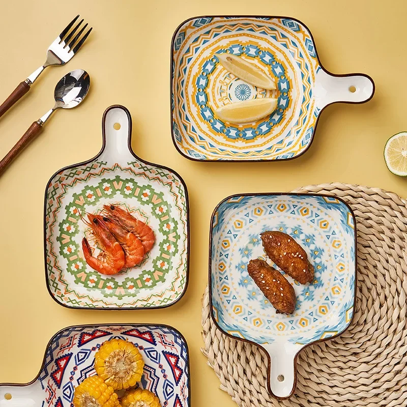 

Bohemian Ceramic Handle Plate Baking Tray Household Baking Tray Salad Dishes Tableware Oven Dishes.