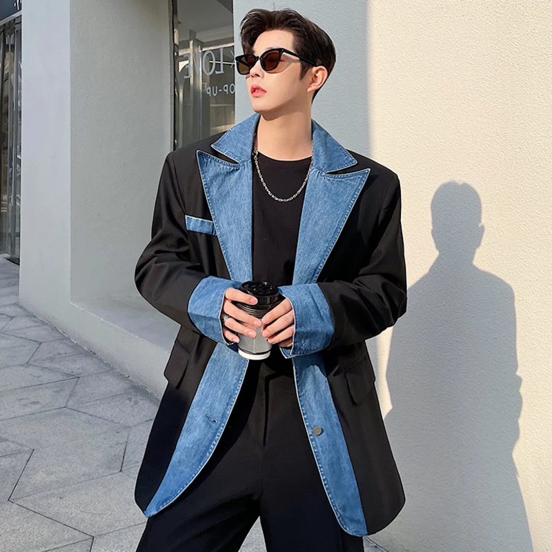 LUZHEN Trendy Denim Splicing Design Blazer Coat Men's Original High Street Color Contrast Stylish Jacket Korean 2024 New B0af0f