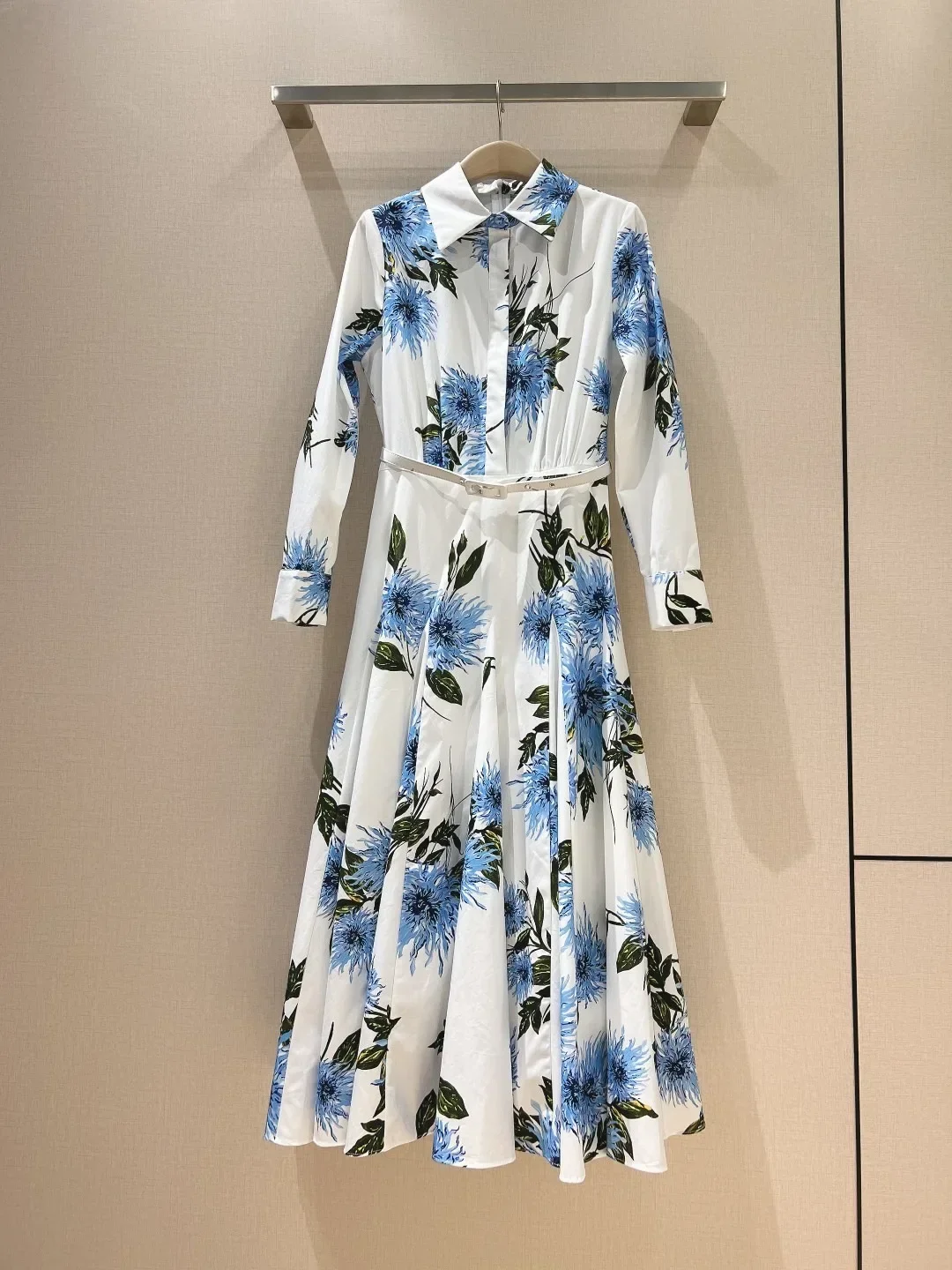 

2024 New Collection White Blue Floral Position Print Cotton Long Sleeve Lapel Women Vintage Midi Dress