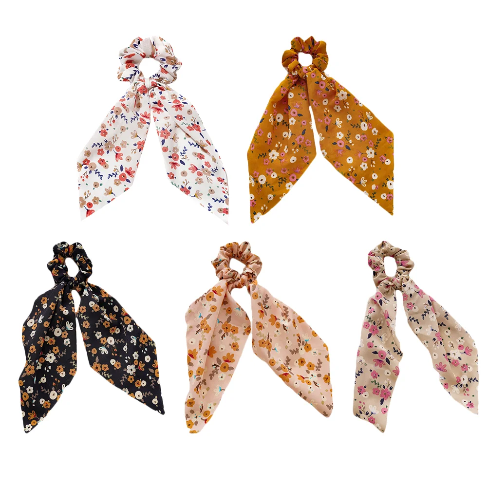 

5 Pcs Floral Ribbon Printing Hair Ring Tie Cloth Long Ties Headgear Scarves Polyester Elastic Scrunchies Women's