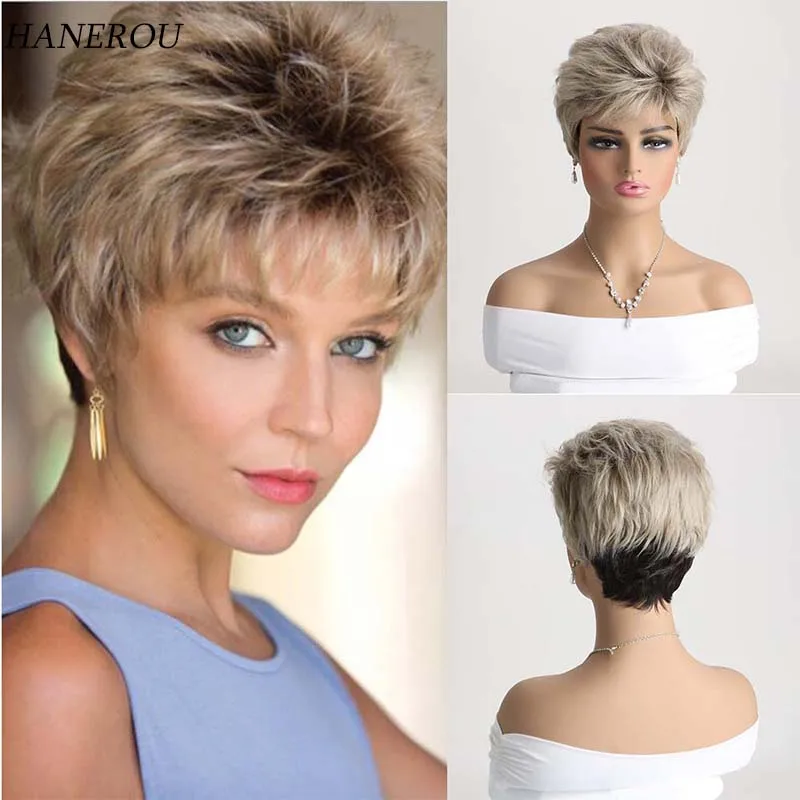 Short Curly Synthetic Wigs for Women Layered Hair for Women Short Light Gold Mixed Black Wig with Bangs