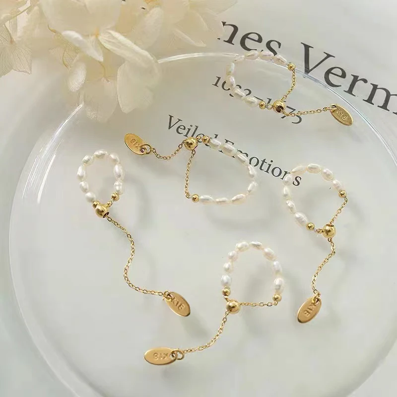 Adjustable Gold Color Rings French Retro Pearl Chain Pull for Women