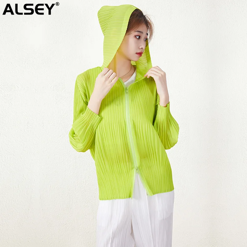 

Плиссированная повседневная короткая куртка ALSEY Miyake с капюшоном, Кардиган с длинным рукавом, весна-осень, новые корейские топы на молнии, рубашка, одежда