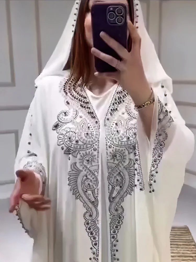 فستان عيد مسلم للنساء عباية بقلنسوة طقم مكون من قطعتين جلابية ماسية فساتين حفلات المغرب