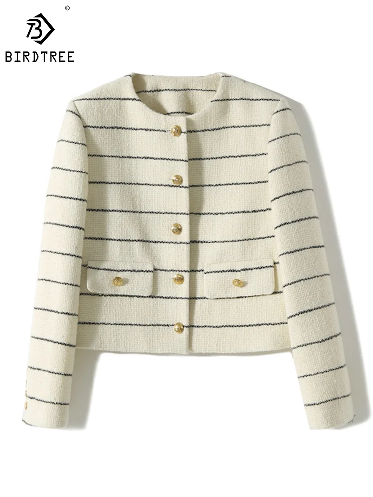 

BirdTree Sheep Wool Blend Coat for Women, O Neck Stripe Tweed Woolen, Elegant Fashion Jacket, 2024 Spring New Cardigan C41554QM
