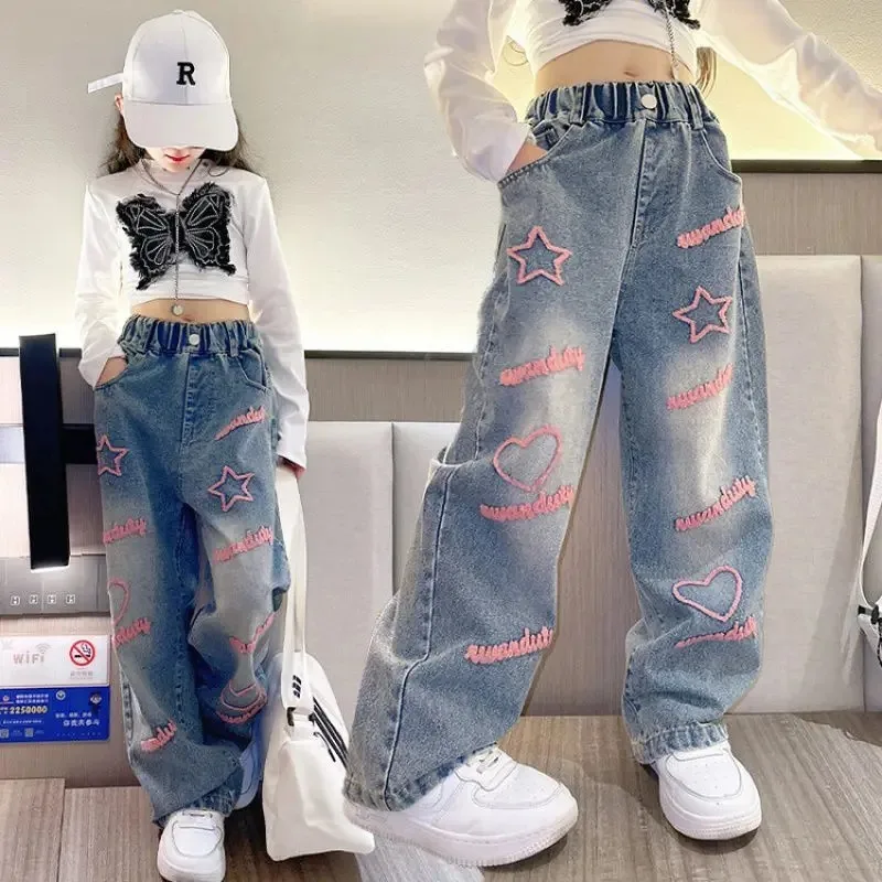 Girls' Wide-Leg Jeans with Heart & Star Design 2