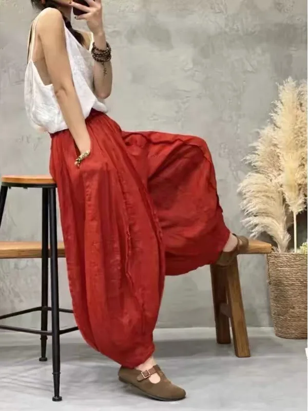 Slimming Summer Thin Breathable Lantern Pants Casual Wide Leg Knife  Loose Fit Women's Linen Trousers Artistic Splicing
