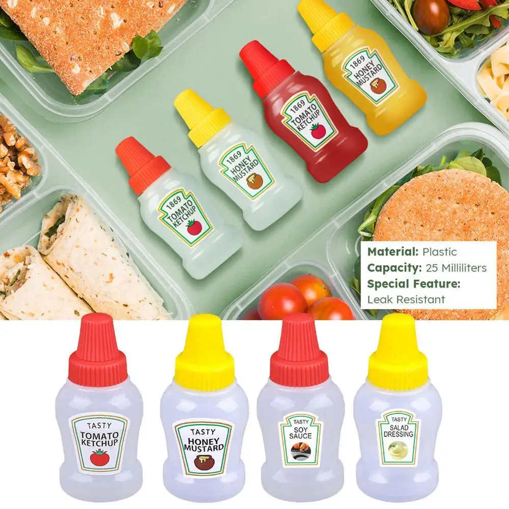 4Pcs Mini Ketchup Bottle for Bento Box Accessories 25ml Condiment Squeeze Bottles Empty Plastic Salad Tomato Sauce Container