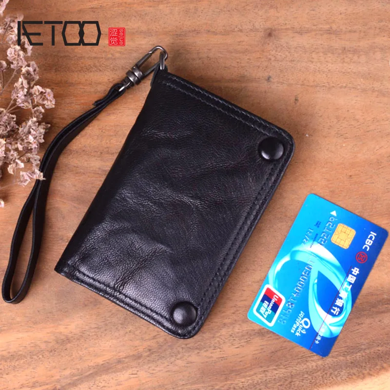 

AETOO Handmade wallet men's short section vertical leather retro wallet female youth Japanese and Korean vegetable tanned lambs