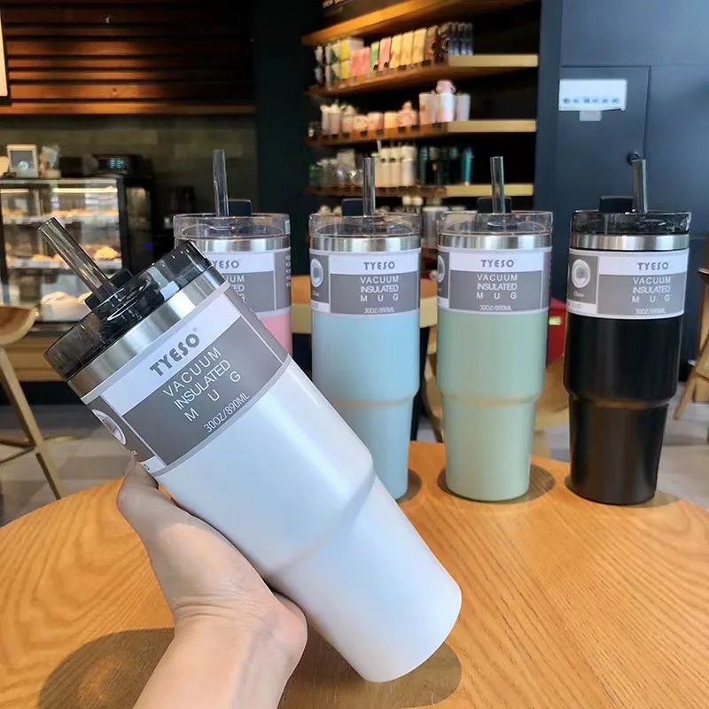 Tyeso 304 스테인리스 스틸 커피 머그잔, 빨대 보온병 물병, 진공 단열, 자동차 음료 컵, 30oz, 20oz, 890/600ml