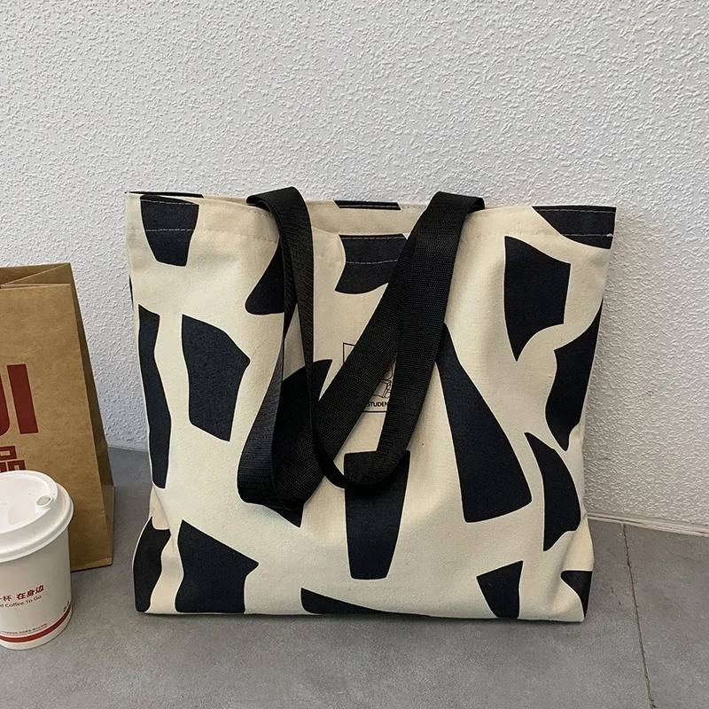 Women\'s Fashion Geometric Canvas One Shoulde Tote Bag College Student Load Books Korean Style Zipper Literary Tote Bag for Women