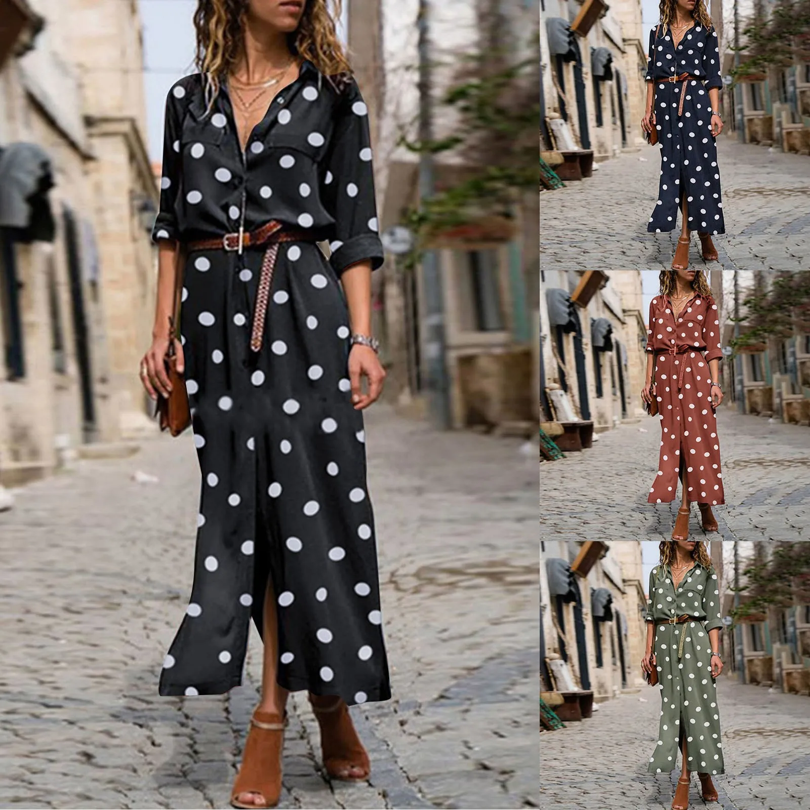 LongFlowyShirtDressForWomenPolkaDotPrintDressBeachVacation