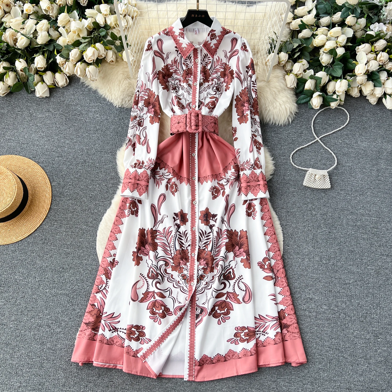 

Retro Elegant Print Chic Single Breasted Dress with Belt A-line Casual Vestidos Slim Women Spring Autumn Long Sleeve Robe