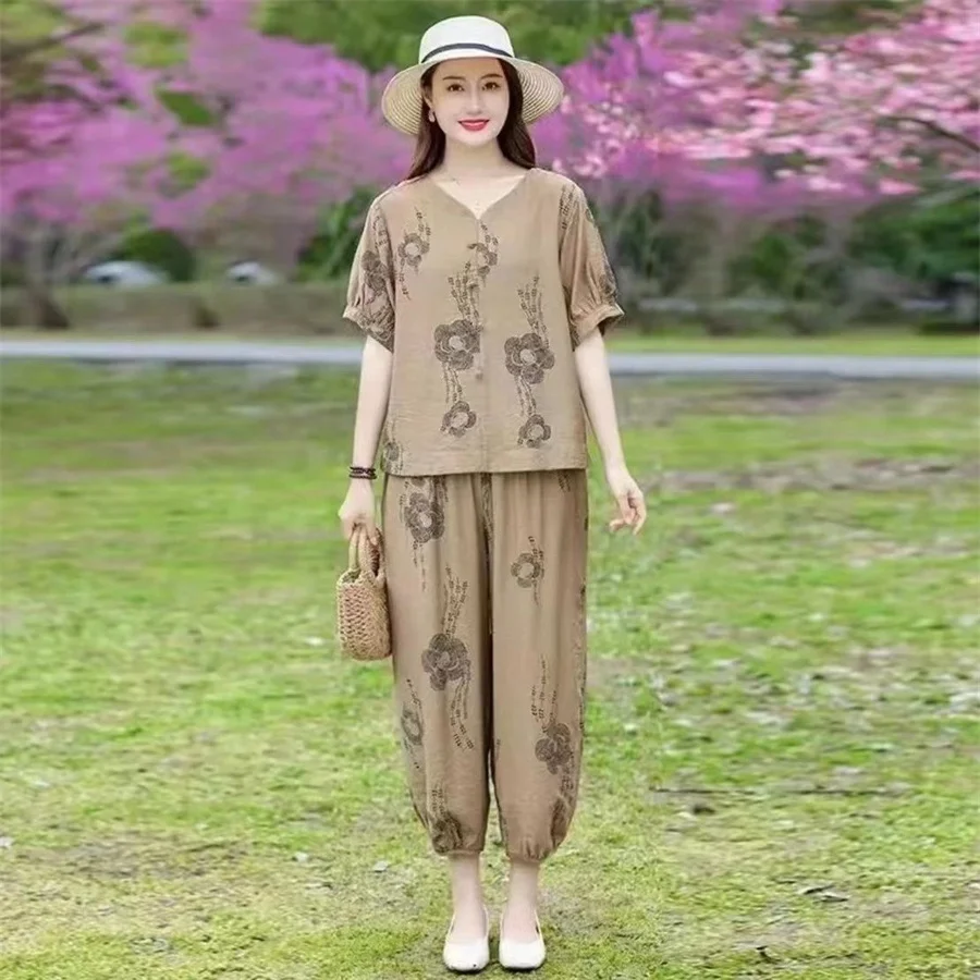 

Casual Fashion Short Sets Summer 2023 New V-Neck Short Sleeve Shirt Elastic Waist Ankle-Length Pants Loose Women's Sets