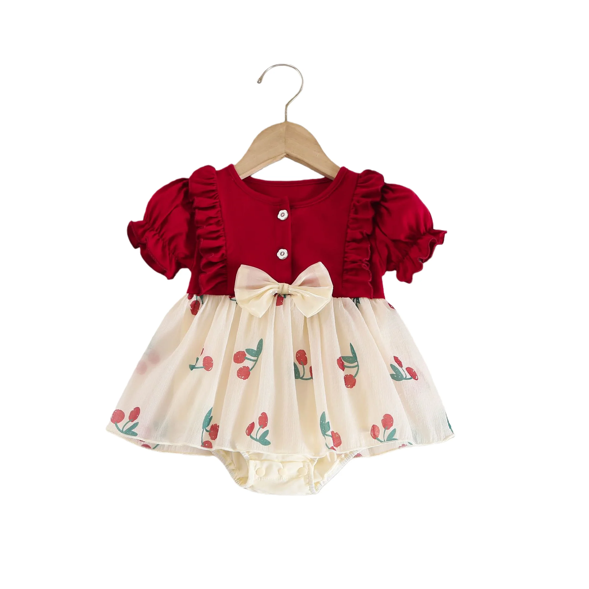 Vestido de Princesa para Meninas de 3 a 18 Meses, Macacão de Cereja, Roupas para Bebês com Mangas e Renda, Conjuntos para Irmãs 7