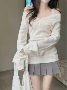 Women Retro V-Neck Slim Fit Long Sleeve Knitted Sweater Summer Soft Versatile Overhead Top Ins Commute Casual Wear 1