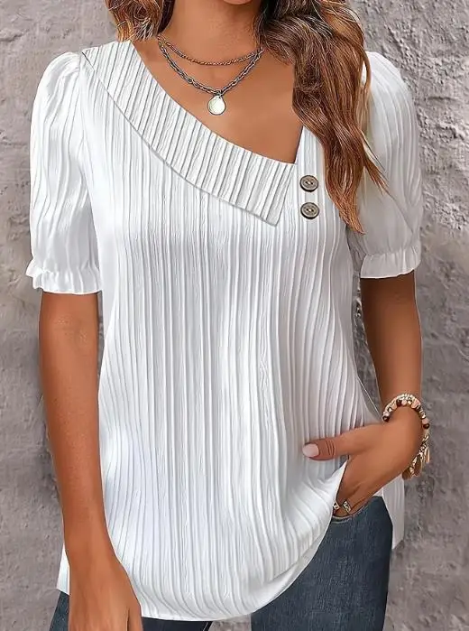 

Women's Casual T-Shirt Top Pullover 2023 Summer New White Simple V-Neck Button Solid Color Shirt Daily Commuting Famale Clothing
