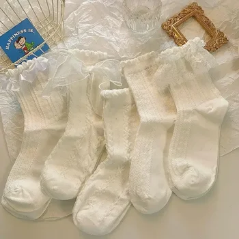 로리타 화이트 보우 레이스 양말, 미들 튜브, 일본 대학 스타일 공주 양말, 스위트 JK 스트리트웨어 양말, 5 켤레
