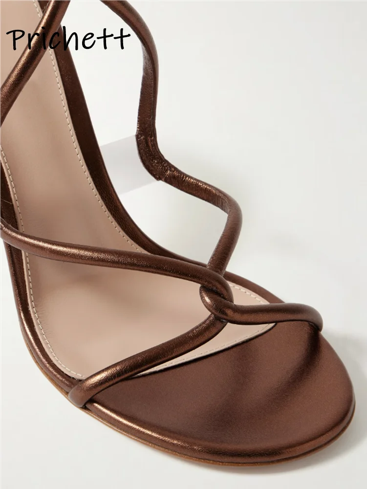 Women Sandals Metal Buckle Cross Band Slingback Solid Round Toe Thin Heels Ankle Band Leather Shoes Summer Sexy Elegant Concise