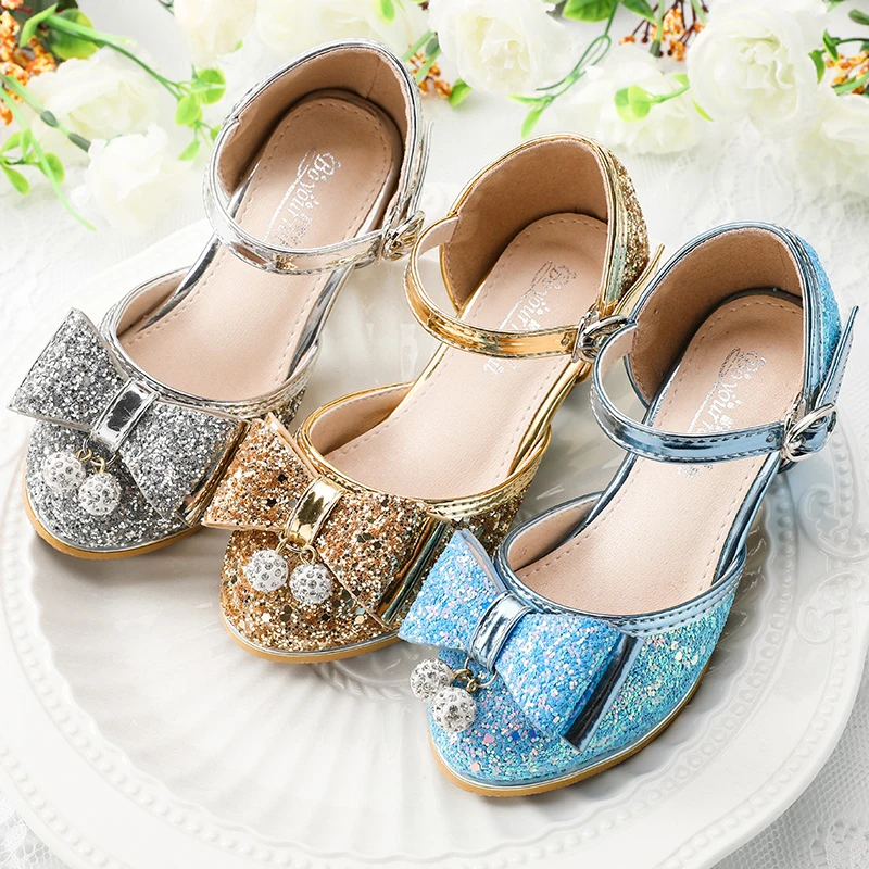 Girls Mary Jane Bow Low Heels Shoes Kids Shiny PU Wedding Party Birthday Party Kid Princess Dress Shoes