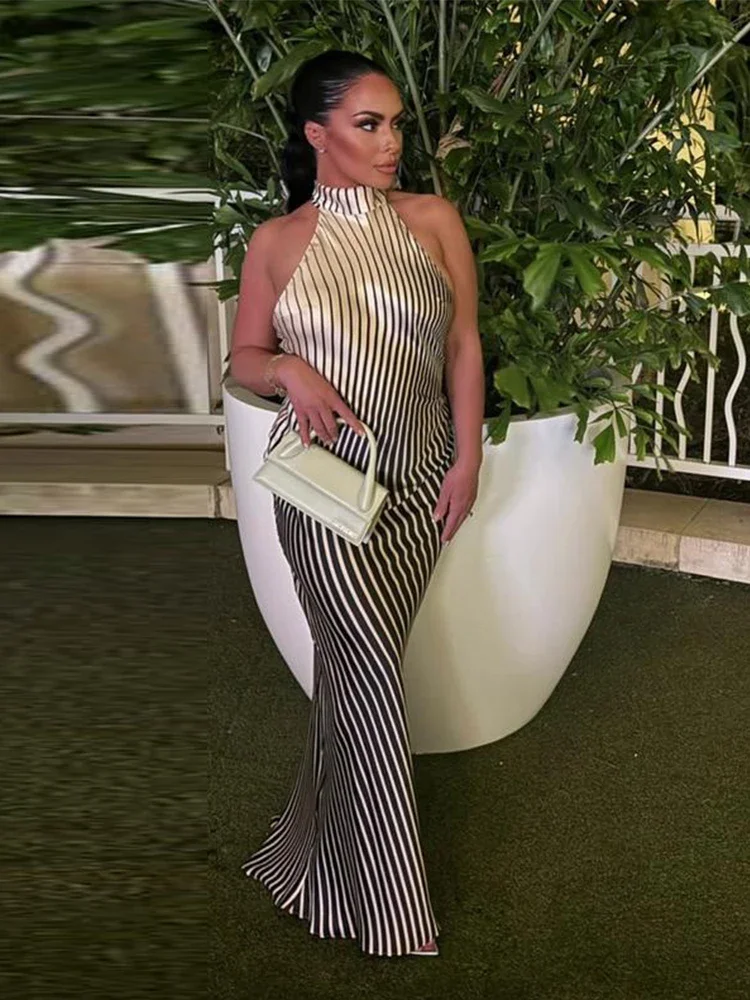 Sexy Gradient Striped Long Halter Dress Women Print Backless Lace Up Lady Evening Robe 2024 Summer Fashion Party Club Vestidos