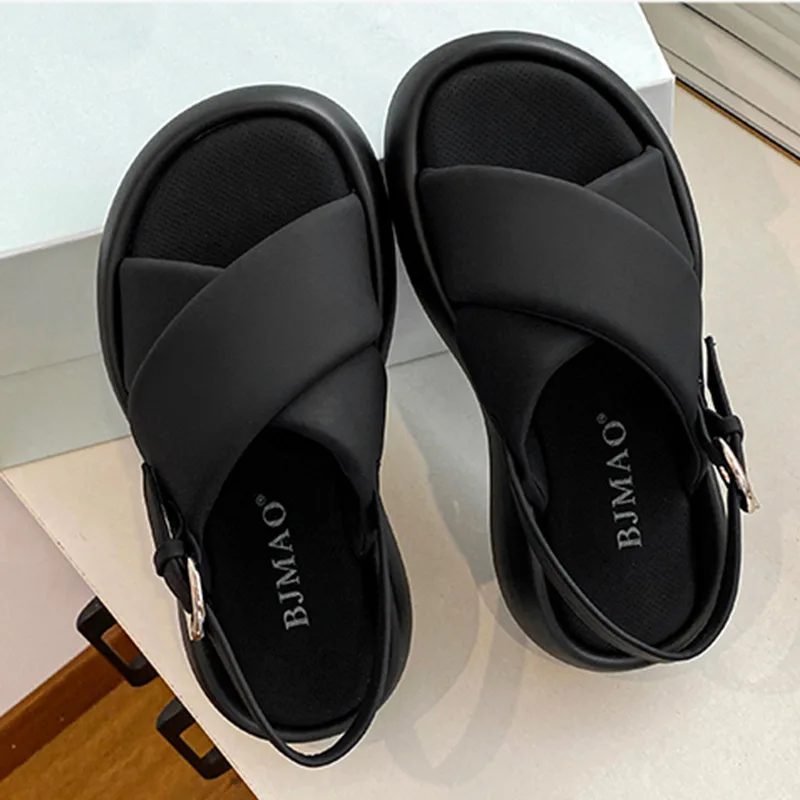 Lambskin Thick Soled Cross Buckle Casual Sandals With Bubble Bread women sandals wedge sandals