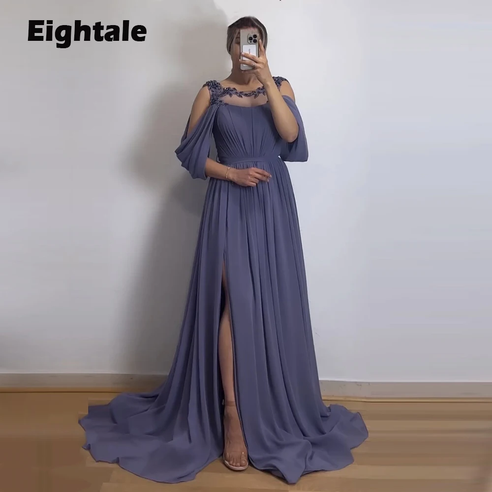 

Eightale Purple Evening Dresses for Wedding Party O-Neck Appliques Beaded Chiffon Arabic Formal Slit Celebrity Prom Gowns