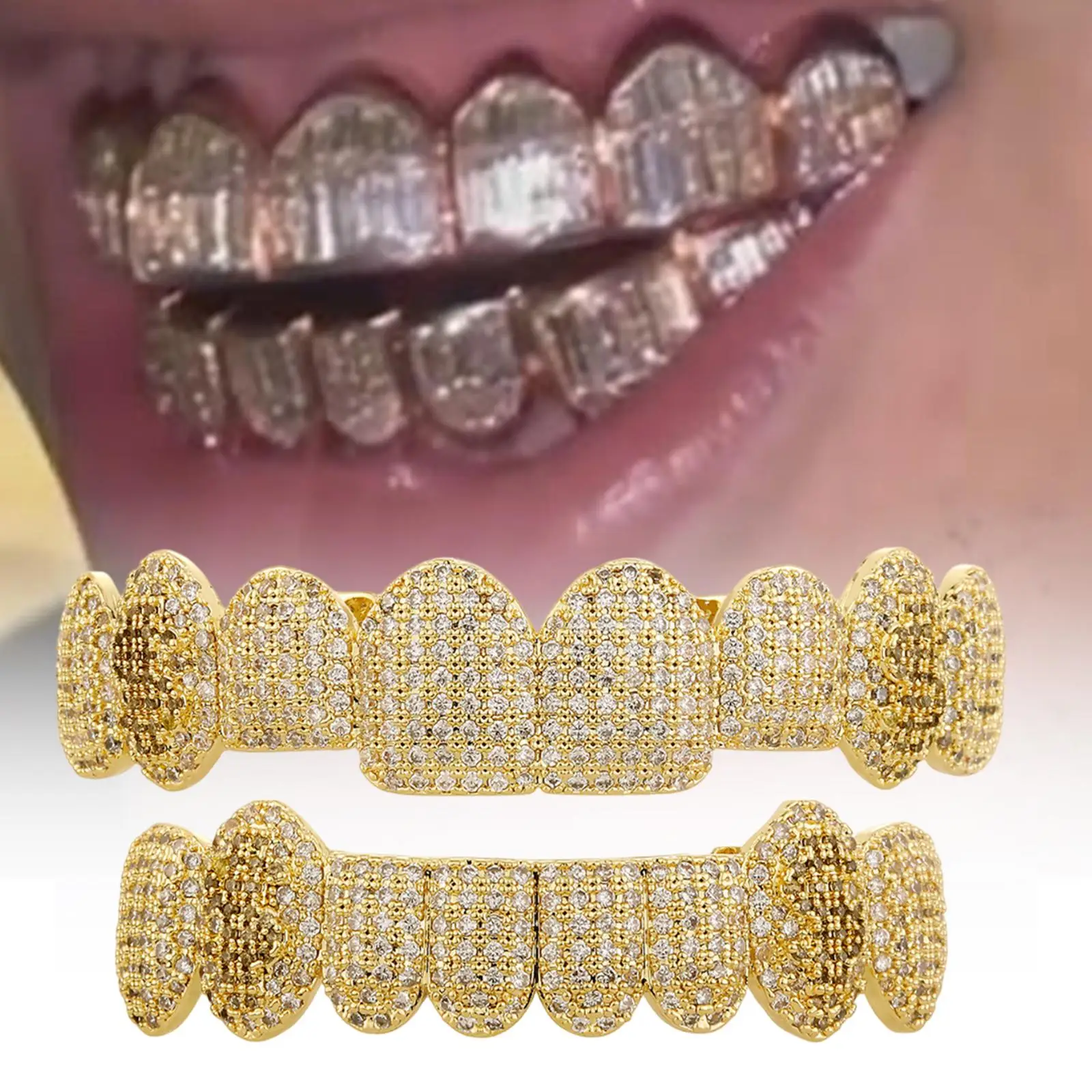 Hip Hop Grillz 8 Top 8 Bottom Tooth for Men Women Rapper Costume