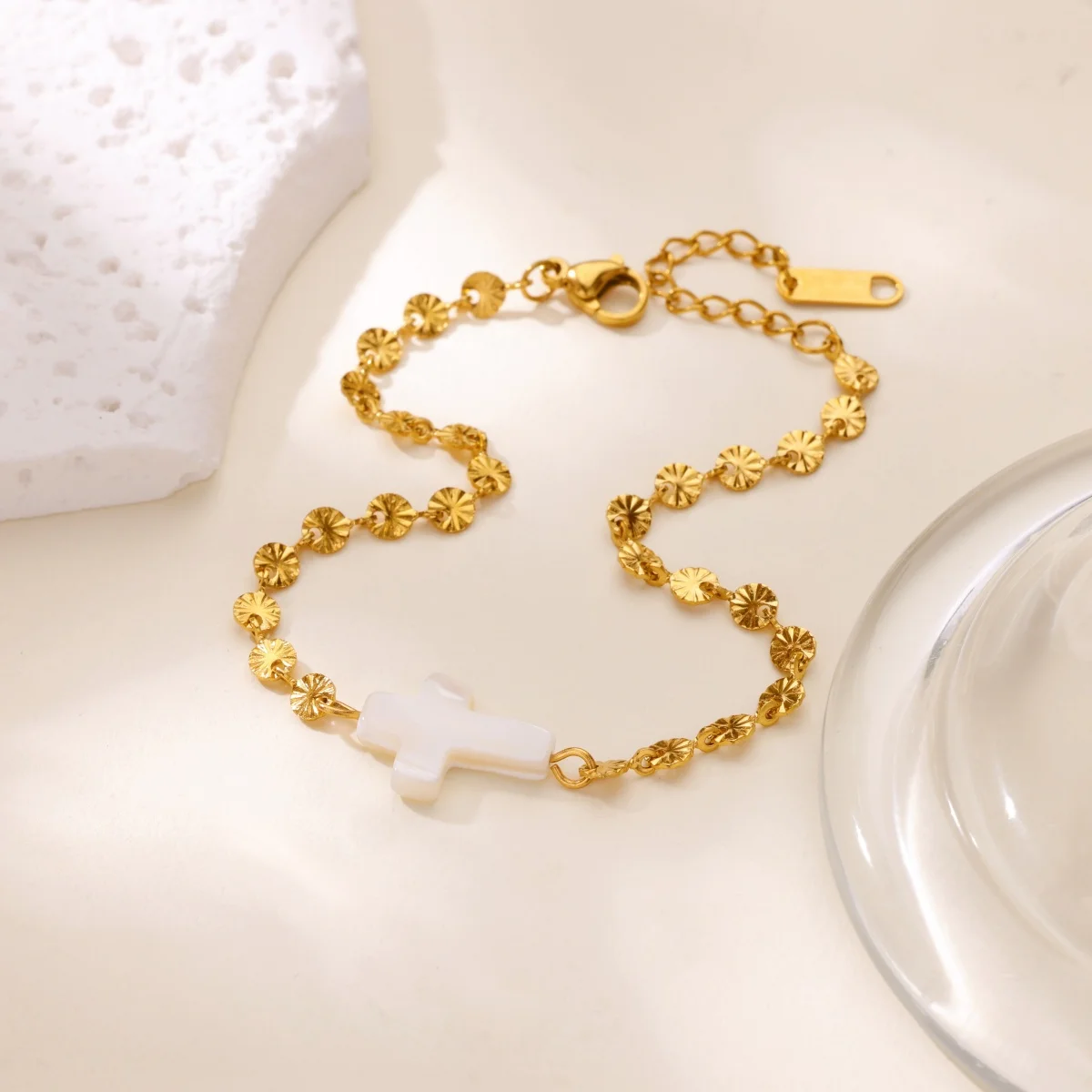 Stainless Steel Geometric Heart Cross Pearl Link Bracelets For Women Gold
