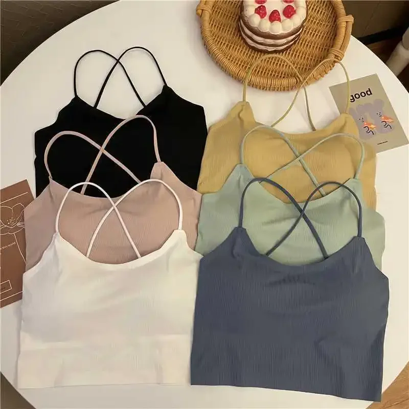 1pc Women Sexy Solid Color Camisole Ice Silk Tube Seamless Sports Tank Top Wireless Underwear Padded Bra Bralette Vest