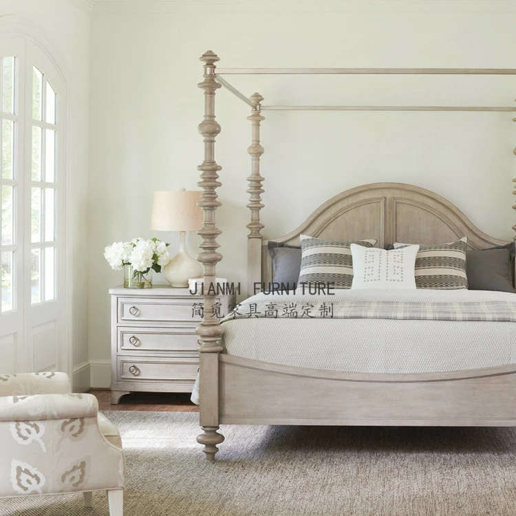 Custom: American rustic modern vintage master bedroom French old solid wood double bed villa Roman column bed furniture