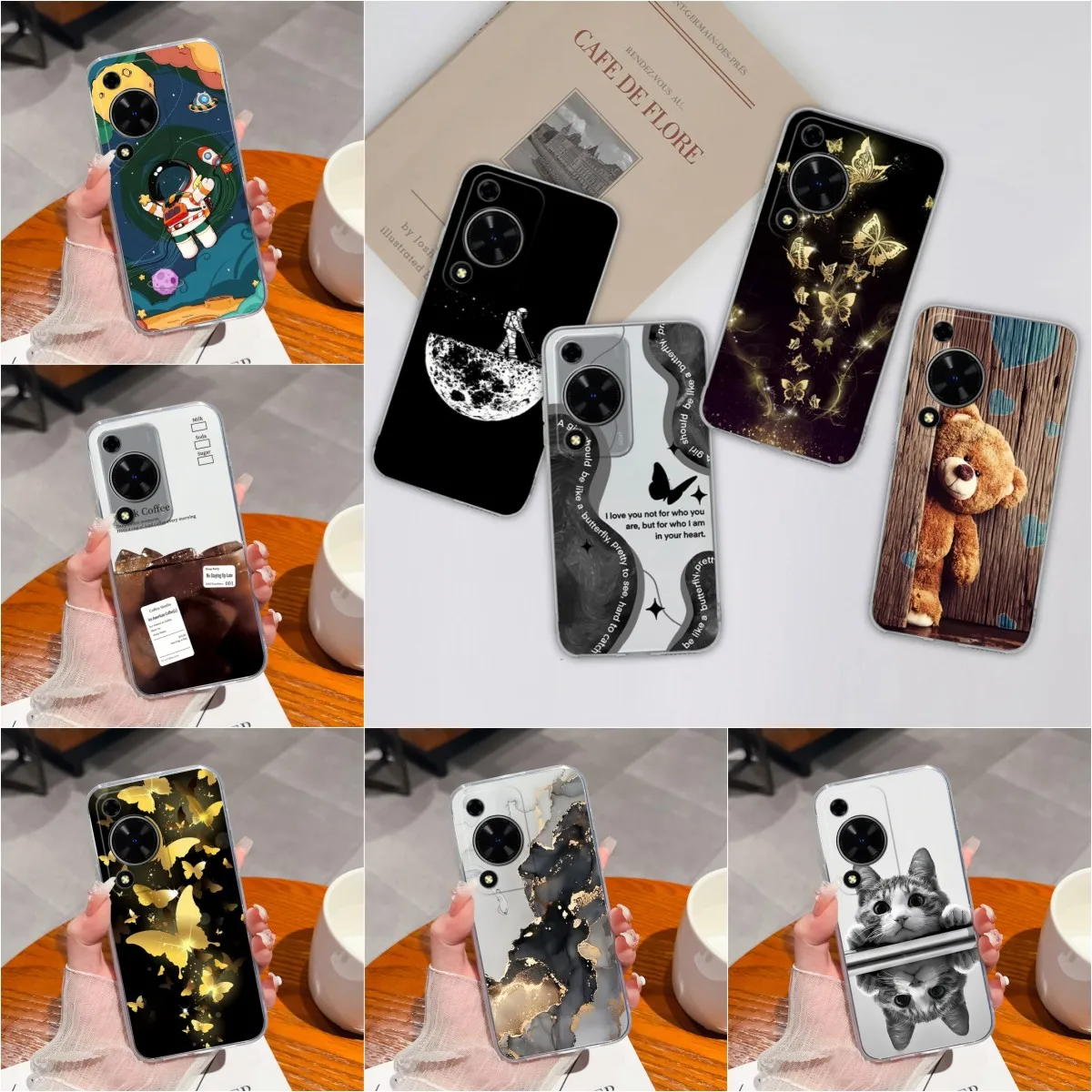 Clear TPU Silicone Soft Protective Case with Pretty Butterfly Bear Design for 6.75-Inch Smartphones