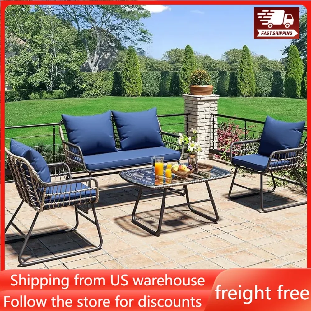 

4-Piece Patio Furniture Wicker Outdoor Bistro Set, All-Weather Chairs , Balcony and Deck with Soft Cushions and Metal Table