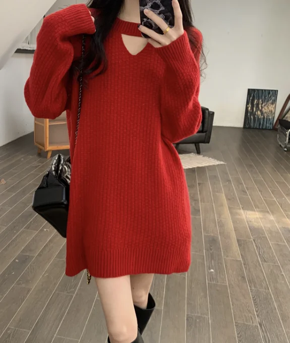 

New autumn and winter design loose mid-length knitted dress for outer wear 0121