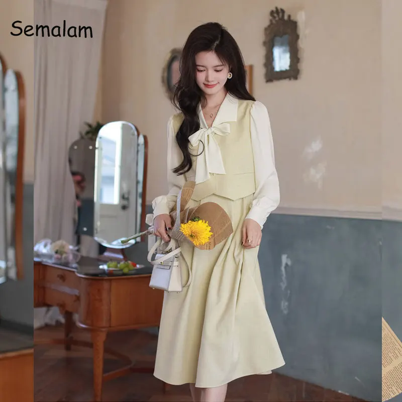 

Retro Hepburn Midi Dress Women Fashion Elegant Princess Bowtie Office Lady Vestidos Casual Long Sleeve Kawaii Party Dresses New